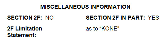 Sample TRAM database view with Section 2F marked as "NO and Section 2F in part marked as "YES" and the 2F Limitation Statement Field containing the wording as to "KONE"