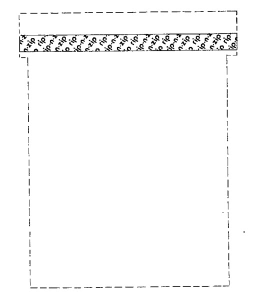 Mark drawing depicting a mailing envelop featuring a horizontal strip displaying the words ‘Rip-N-Zip’ repeated in a diagonal pattern.