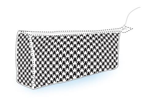 Drawing depicting a repeating houndstooth pattern applied to the entire exterior surface  of the side and end panels of a handbag.