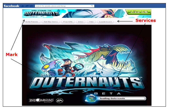 Screenshot of Facebook webpage displaying the applicant's mark Outernauts on the launch screen of a video game.