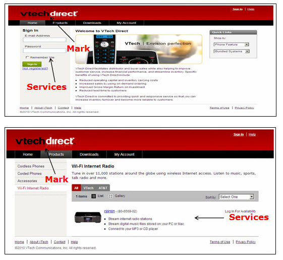 Above:  Screenshot of Vtech Direct webpage containing sign-in fields for logging in and accessing the online business-to-business store services.  Below: Screenshot of Vtech Direct webpage advertising the online business-to-business store services.