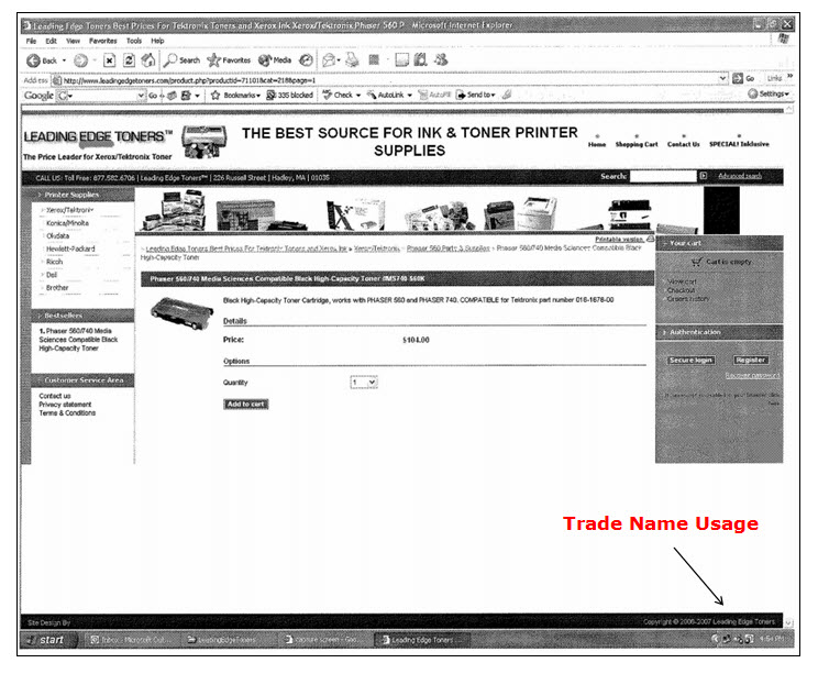 Screenshot of Leading Edge Toners webpage for ordering ink and toner printer supplies.