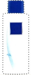Design of mark described as: color blue applied to the cap of the container of the goods, a white background applied to the rest of the container, a blue rectangle with a silver border displayed against the white background, a light blue curving band, and three light blue droplets on the left side of the white background.