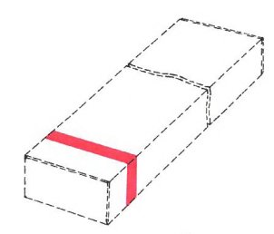 Design of mark described as: a single transverse red stripe applied adjacent to one end of the elongated packaging for the goods.