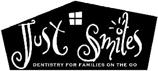 Design comprising an image of a building with a window with four panes with the words ‘JUST SMILES’ in a large, stylized font with lines above the dot in the letter ‘i’ representing shine or glow and the words ‘DENTISTRY FOR FAMILIES ON THE GO’ in smaller, block letter font.