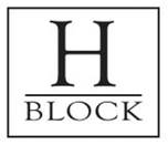 Design comprising the wording 'H BLOCK' represented in a stylized font within a square, with a horizontal line between 'H' and 'BLOCK'.