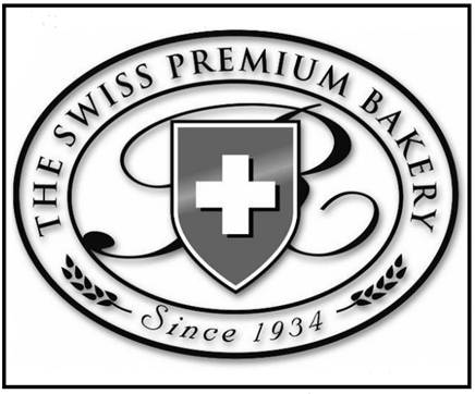 Description: A mark consisting of the wording "THE SWISS PREMIUM BAKERY SINCE 1934" appearing in between a double oval design with a wheat stalk located to the left and right of the wording "SINCE 1934." A stylized letter "B" appears in the center of the inner oval with a design of triangular shield bearing an upright equilateral cross in the middle of the shield. 
