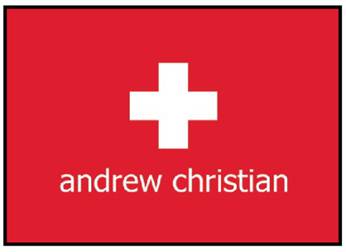 Description: A mark consisting of a white equilateral cross and the wording ANDREW CHRISTIAN in white, all centered within a red background.