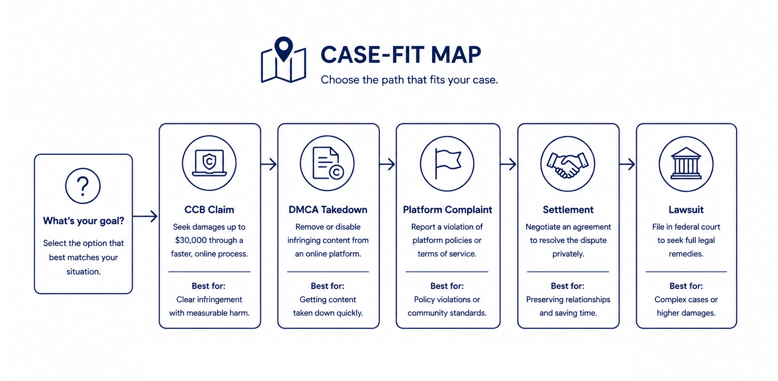 Case-fit map showing CCB, DMCA, platform complaint, settlement, and lawsuit options