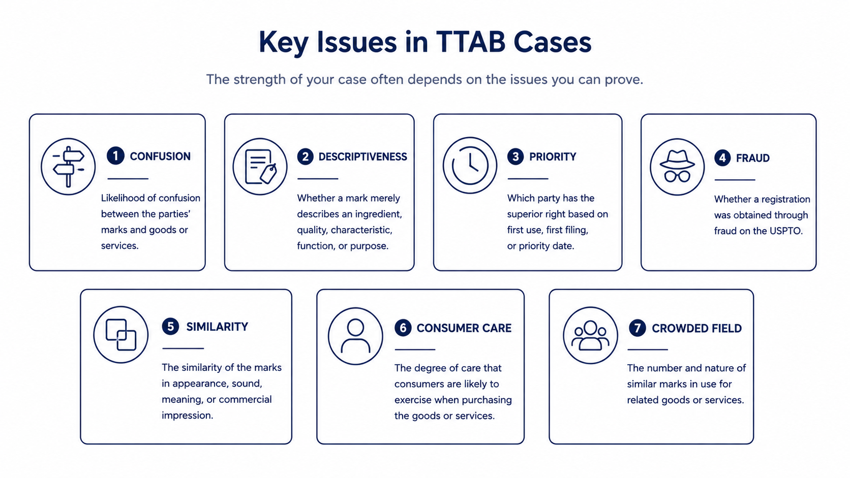 Common TTAB issues such as confusion, descriptiveness, priority, fraud, similarity, consumer care, and crowded field